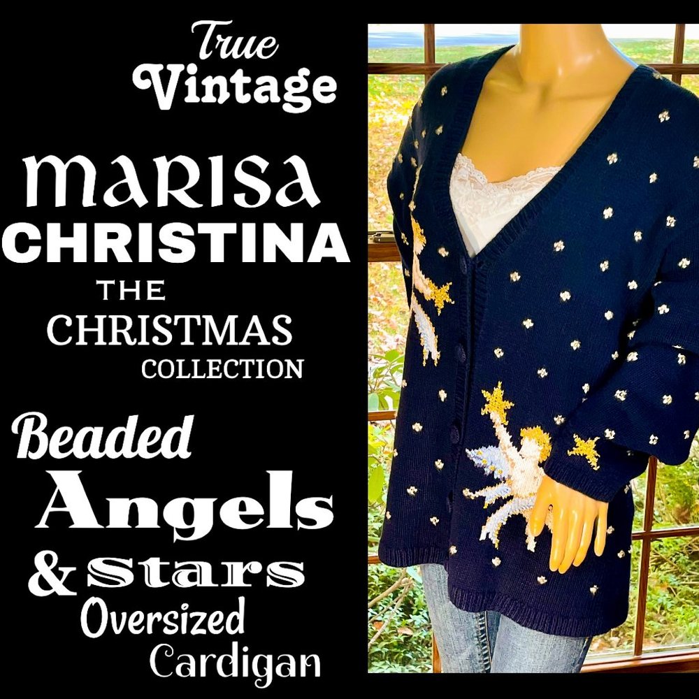 ▪️VTG▪️MARISA CHRISTINA▪️Christmas Beaded Angels & Stars Oversized Cardigan